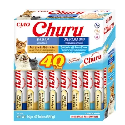 Afbeelding van INABA Churu Kattensnoepjes met 4 soorten tonijnpuree Smakelijke kattensnacks Snoepjes een smeuïge textuur Diervoeding 40 tubes x 14g