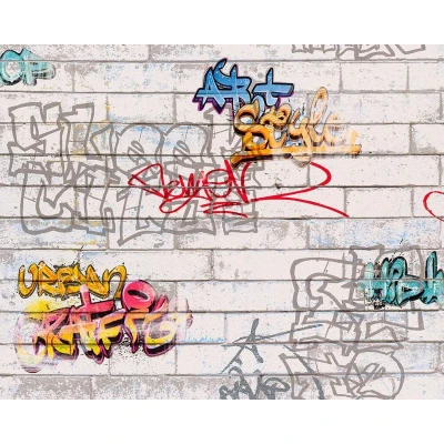 Afbeelding van Leen Bakker A.S. CrÃ ation Behang Graffiti , Oranje En Blauw 53cm X 10,05 M AS Grijs Vinyl Création