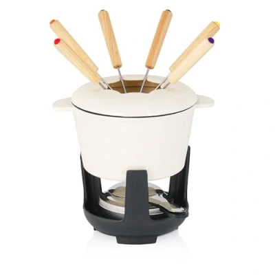 Afbeelding van BBQ Toro Gietijzeren fondueset voor 6 personen, 1 liter, 13 delig met brander en vorken, fondueset, kaasfondueset, vleesfondueset, chocoladefondueset (crème geëmailleerd)