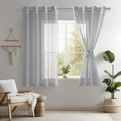 Afbeelding van DWCN gordijnen van voile, polyester, set 2 gordijnen, met ingestanste ringen, transparante voor balkon, grijs, 137 x 140 cm (H B)