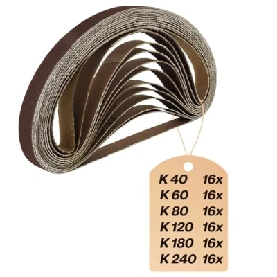 Afbeelding van schuurbanden, 96 stuks, 13 x 451 mm, set elk 16 korrel 40 60 80 120 180 240, voor powervijl, bandvijl, handschuurmachine en staafschuurmachine, schuurpapier