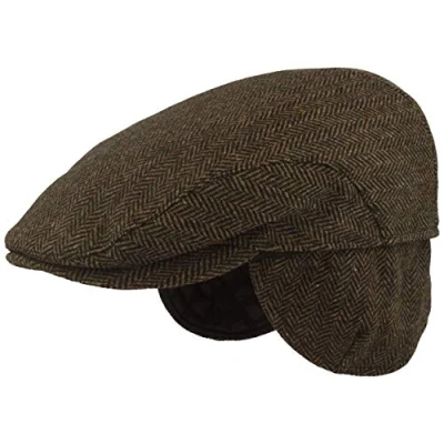 Afbeelding van Heren winter schuifmuts met oorkleppen Flatcap Pet van 100% wol in visgraatdesign uitklapbare oorbescherming huidvriendelijk &amp; comfortabel, 58, bruin