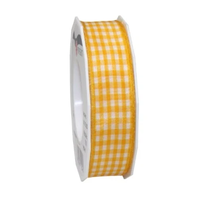 Afbeelding van C.E. Pattberg Präsent Vichy Bedraad lint geel wit 25 mm breedte, 20 m lengte