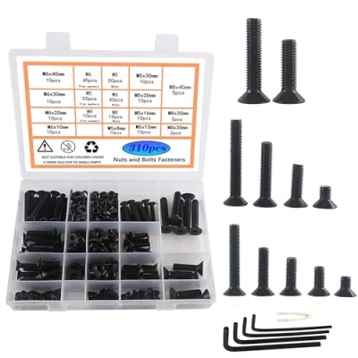 Afbeelding van Rshuhx Schroefdraadschroeven, set M5, M6, M8, zeskantschroeven, 310 stuks, koolstofstaal, zwarte verzonken bouten en moeren, sluitringen, machineschroeven, set, uitgerust met een inbussleutel