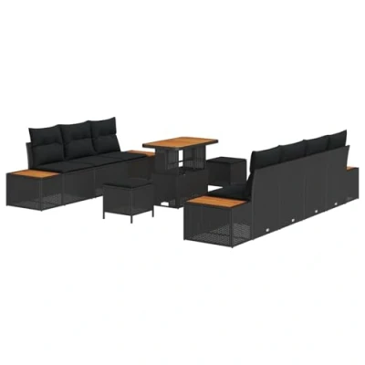 Afbeelding van vidaXL 10 delige tuinset met kussens zwart poly rattan en acacia