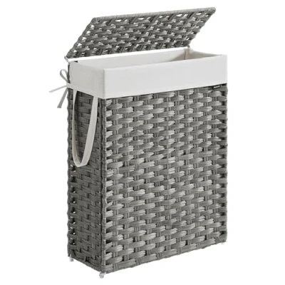 Afbeelding van SONGMICS smalle wasmand, wasmand 55 L, wasbox van synthetisch rotan, met deksel en handgrepen, gevlochten, opvouwbaar, afneembare waszak, wasruimte duifgrijs LCB164G01