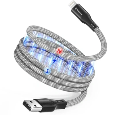 Afbeelding van Magtame Magnetische Coiled Lightning kabel, 1 m, MFi gecertificeerde telefoonsnellading, knoopvrije gegevensoverdrachtkabel, gevlochten, compatibel met iPhone 14 13 12 11 Pro XR XS X 8 Plus SE