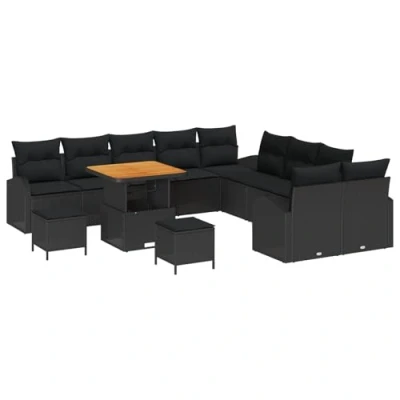 Afbeelding van vidaXL 13 delige tuinbank set met kussens zwarte poly rattan acacia, 2 zits rattan, 3 tuin eet acacia