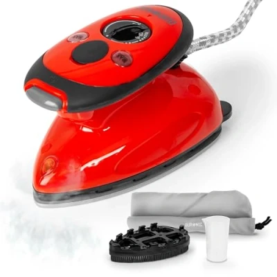 Afbeelding van Duronic SI2 RD Reisstoomstrijkijzer rood 375 W 50 ML Inhoud Incl. Bijvulkan Meerdere Warmte Instellingen Compact Stoomstrijkijzer Mini Strijkijzer met Borstel Opzetstuk en Opbergtas
