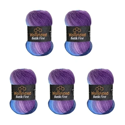 Afbeelding van 5 x 100 g Wollbiene Batik Fine 500 gram wol met kleurverloop meerkleurige breiwol haakwol (5900 paars bessenblauw)