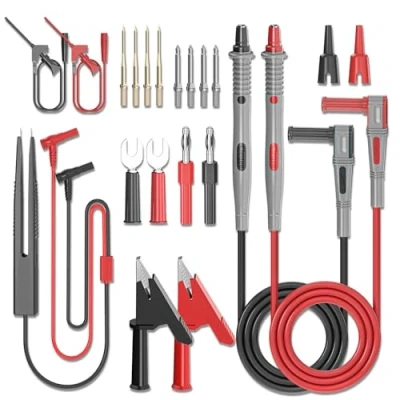 Afbeelding van Cleqee Set testkabels multimeter, 21 stuks,elektrische met krokodillenklemmen, testhaakklemmen, SMD test, sonde, pincet, kabels, spadestekker, banaanstekker, vervangbare naalden, pinnen