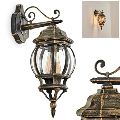 Afbeelding van Buitenwandlamp Lentua, wandlamp downwards in antiek look van metaal/glas bruin/goud/helder, met E27 fitting, retro/vintage buitenlamp, IP44, zonder gloeilamp