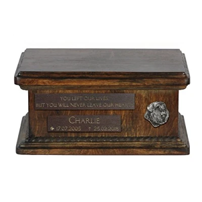 Afbeelding van Art Dog Custom Low Memorial Urn Handgemaakt koud gegoten bronzen portret op berkenbasis Gepersonaliseerde hondencrematiedoos 8,3x11,4x4,3 Bouvier