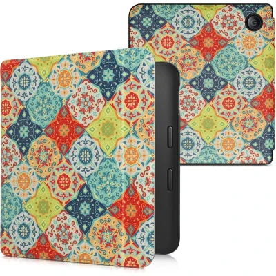 Afbeelding van kwmobile E reader hoesje geschikt voor Kobo Libra 2 hoes flip case met magnetische sluiting Ereader cover Portugese tegels design in rood / groen blauw