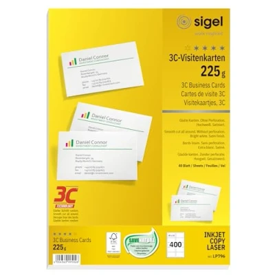 Afbeelding van SIGEL LP796 bedrukbare visitekaartjes 3C, 400 stuks (40 vellen), hoogwit, gladde snede rondom, 225 g, 85 x 55 mm