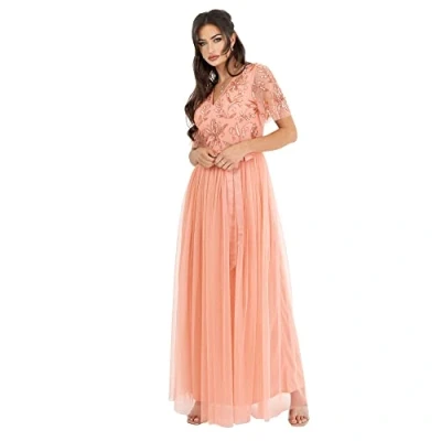 Afbeelding van Maya Deluxe Maxi jurk voor dames, baljurk bruiloft, gast, versierd met strikband, V hals, bruidsmeisje, gala, avondgelegenheid, Abrikoos Blush, 32