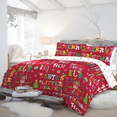 Afbeelding van Fusion Kerst Santa&#039;s Little Helper Omkeerbare Dekbedovertrek Set Eenpersoonsbed Maat in Rood