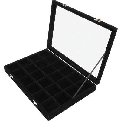 Afbeelding van Velours Sieraden Organizer Display Case met Glazen Deksel Grote Stapelbare Doos Tray Zwart 24 Secties Aanpasbare Opslag Ringen Kettingen Armbanden Oorbellen &amp; Horloges