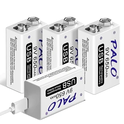 Afbeelding van PALO 4 Pack 9 V USB 650 mAh Li ion oplaadbare batterij met 2 in 1 kabel voor toetsenbord microfoon rook alarm