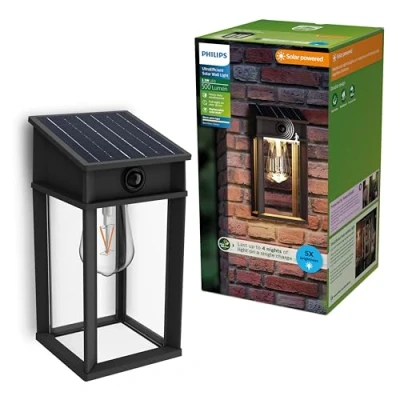 Afbeelding van Philips Geri Wandlamp UltraEfficient LED Solar buitenlamp Warmwit licht 2700K Zwart Rechthoekig ontwerp Bewegingssensor Zonne energie Schemersensor