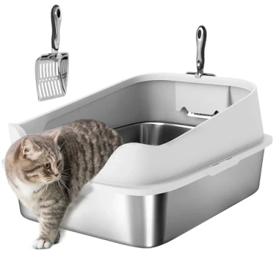 Afbeelding van PawHut XL Kattenbak van roestvrij staal, kattenbak, hoogzijdig met metalen absorbeert nooit geuren, anti lekkage en gemakkelijk schoon te maken, 60 x 40 30 cm, grijs