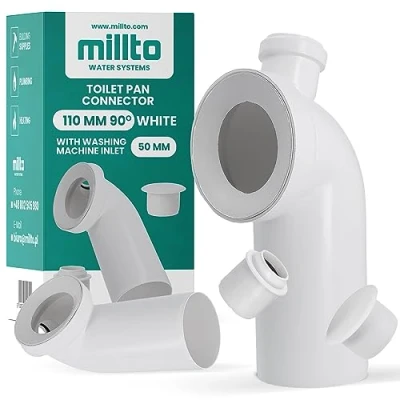 Afbeelding van Millto™ wc aansluitboog, 110 mm, 90 graden, buisboog met 50 mm wasmachine uitlaat, toiletvloerverbinder, polypropyleen, afvoersystemen, aansluiting, witte verbinding voor toilet