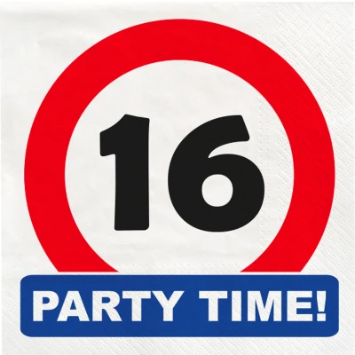 Afbeelding van Verkeersbord 16 jaar Party Time Servetten 33x33cm stuks
