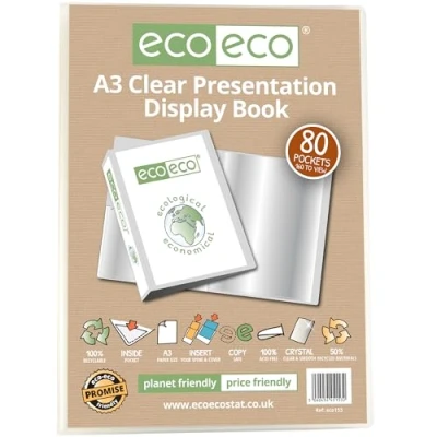 Afbeelding van eco A3 formaat 50% gerecycled 80 zakken duidelijk presentatie display boek, opbergkoffer portfolio kunstmap met plastic hoezen, eco153