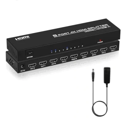 Afbeelding van TCNEWCL 4K HDMI Splitter 1 in 8 Out, 1x8 Audio Video met AC adapter, ondersteunt 3D, HDCP, compatibiliteit HDTV, Xbox, PS4, Blue Ray Player, projector