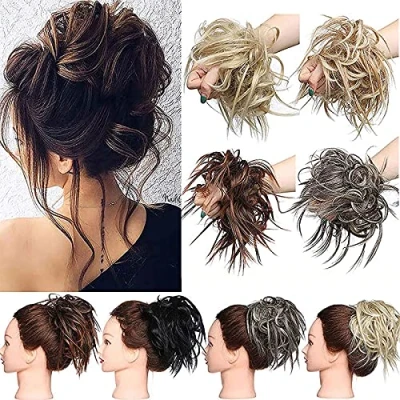 Afbeelding van Haarverlenging met clips, echt haar, rommelig haarstukje, scrunchies, haarverlengingen, golvend, elastisch, scrunchie knot, paardenstaart, zilvergrijs