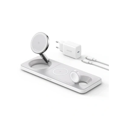 Afbeelding van Anker inklapbaar 3 in 1 draadloos oplaadstation, Qi2 gecertificeerd, 15 W draadloze oplader voor iPhone series 12, 13, 14 en 15, AirPods Pro, Apple Watch Ultra (inclusief USB C kabel)