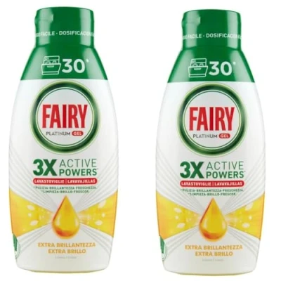 Afbeelding van Fairy afwasmiddel, vloeibare gel, 60 wasbeurten, verpakking met 2 flessen, platinum citroen, geeft de vaatwasser extra glans, combineert glans en frisheid