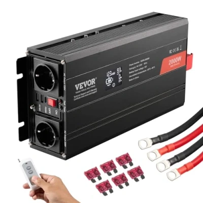 Afbeelding van VEVOR Pure sinusgolf vermogensomvormer, 2000 W DC 12 V naar AC 230 LCD display en afstandsbediening voor middelgrote huishoudelijke apparaten