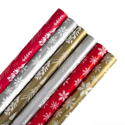 Afbeelding van Hallmark Kerstcadeaupapier, 6 stuks, 3 m elk, 2 feestelijke motieven, bomen, sneeuwvlokken, rood, zilver, goud