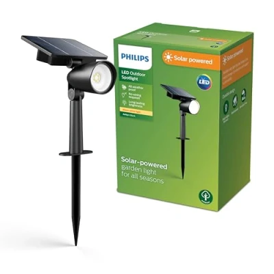 Afbeelding van Philips Ashlyn sokkellamp met spies Solar buitenlamp Warm wit licht 2700K Zwart Schemersensor Zonne energie