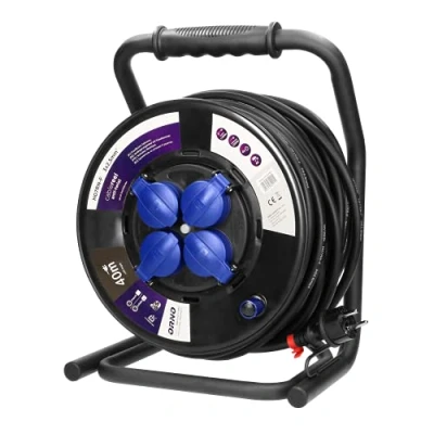 Afbeelding van Professionele Kabelhaspel 30 Meter H07RN F 3 x 2,5 mm² 4 voudig Gefixeerde stopcontacten IP44 Thermische beveiliging Oliebestendige rubberen kabel