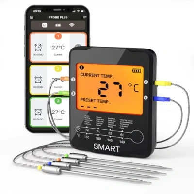 Afbeelding van Uzone Draadloze vleesthermometer, digitale BBQ thermometer slimme kookthermometer met 4 sondes voor roker grillen barbecue oven keuken, ondersteuning iOS &amp; Android