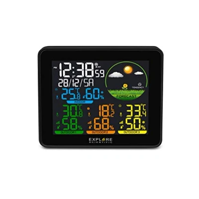 Afbeelding van Explore Scientific Draadloos weerstation met buitensensor, kleurendisplay, weersvoorspelling, DCF radiosignaal en 3 buitensensoren