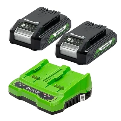 Afbeelding van Greenworks 24V Accu&#039;s en Dubbele Acculader Twee Originale Krachtige 2Ah Lithium Ion Oplader, Geschikt voor Alle Tuin Elektrische Gereedschappen GSK24B2X