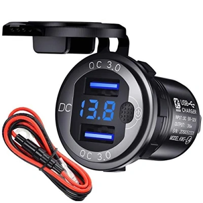 Afbeelding van 12 V USB stopcontact autolader met schakelaar, 24 Quick Charge 3.0 metaal waterdichte sigarettenaansteker adapter inbouw bus voor motorfiets, caravan, boot en vrachtwagen