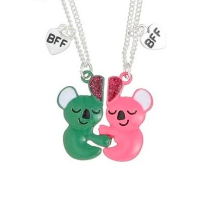 Afbeelding van Bixorp Friends BFF Ketting voor 2 met Magnetische Groene &amp; Roze Koalas Hartje Zilverkleurig Koord Vriendschapsketting Cadeau