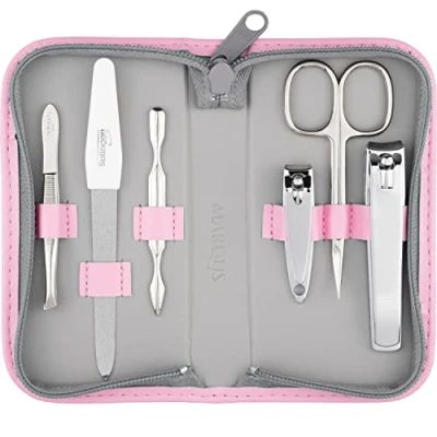 Afbeelding van Manicure Set Solingen met topprijs/prestatie kunstlederen etui handig en zacht 6 delige nagelset voor dames heren MarQus van glanzend vernikkeld gepolijst staal