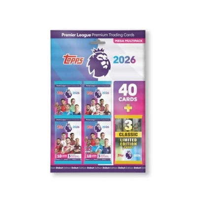 Afbeelding van Topps Premier League 2026 Debuuteditie Mega Multipack bevat 40 kaarten plus 3 willekeurige Classic LE kaarten.