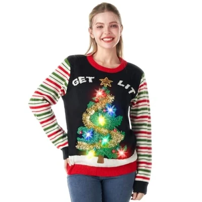 Afbeelding van JOYIN Lelijke kersttrui voor dames, led kersttrui, familieset met geïntegreerde verlichting, grappig gezinnen en vrouwen, zwart/rood, zwart, XL