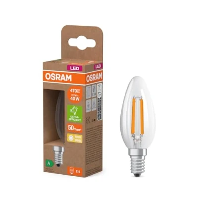 Afbeelding van OSRAM LED Superstar classic lamp B 40 in mini candle shape, clear glass body, 2.2 W, 470 lm, E14 socket, 2,700 K for warm white light, EEK A, 35 mm diameter.