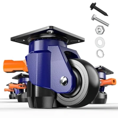 Afbeelding van KOSTANZO Premium nivelleringsrol, heavy duty wiel met ratelgreep, draagvermogen per rol, 50 kg, totale hoogte 77 84 mm, industriële wielen voor werkbank, zware meubels