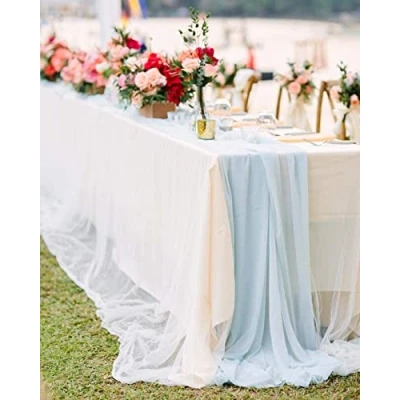 Afbeelding van PIQIUQIU tafelloper, chiffon, bruiloft, communie, modern, afwasbaar, 70 x 300 cm, babyblauw
