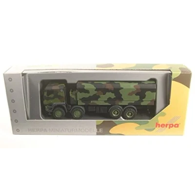Afbeelding van Herpa vrachtwagen model Iveco Trakker 8x8 beschermde dieplader, schaal 1:87, vrachtwagenmodel voor diorama, modelbouw verzamelobject, Made in Germany, kunststof