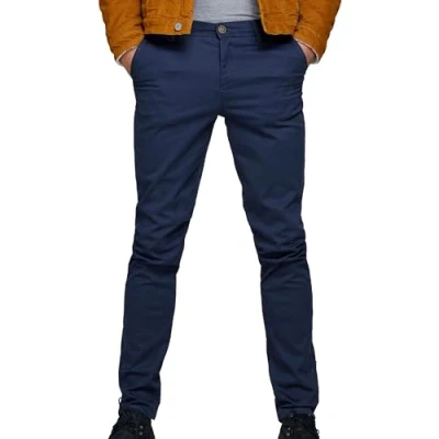 Afbeelding van Heren JACK &amp; JONES Chino Broek Stretch Pantalon Taps Toelopende Pasvorm Slim Fit Look JPSTMARCO JJBOWIE, Colour:Navy, Pant Size:34W / 34L, Beenlengte:L34
