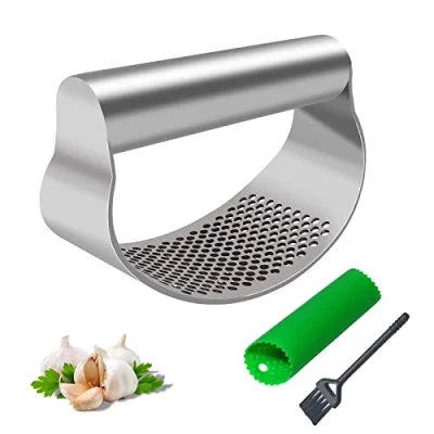 Afbeelding van Knoflookpers Rvs Gemberpers Knoflooksnijder,Professionele keukenhulp Knoflook Druk Garlic Press Rocker Mincer Crusher Peeler Chopper met siliconen knoflookschiller en reinigingsborstel